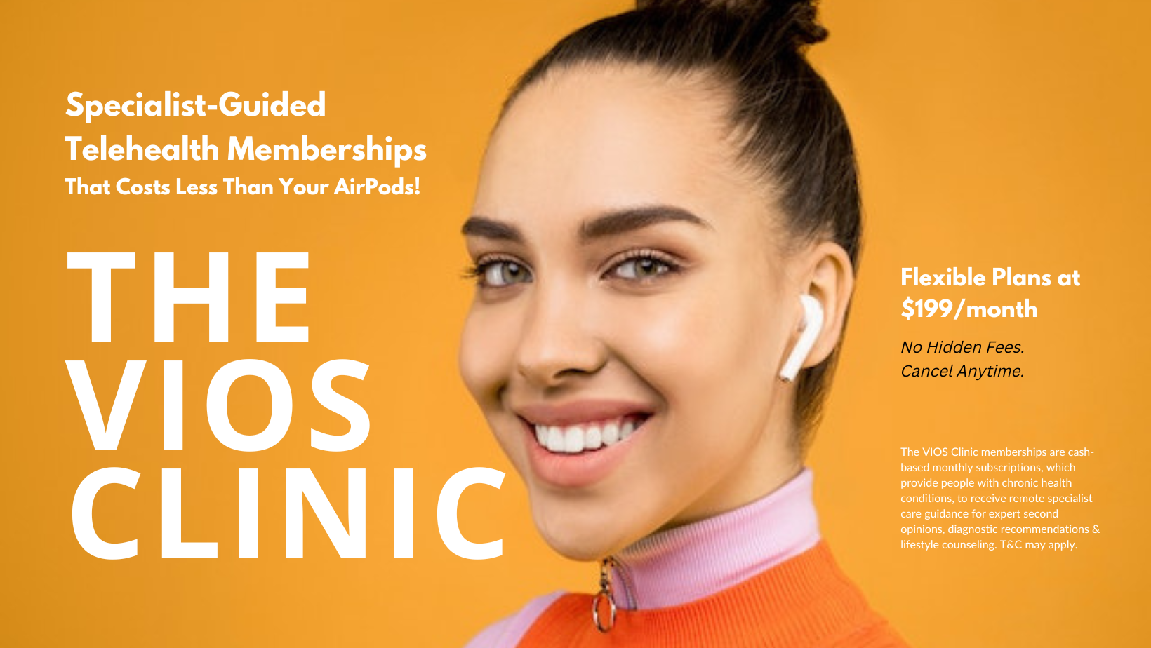 The VIOS Clinic graphic design, showing a pretty young woman wearing airpods 2nd generation