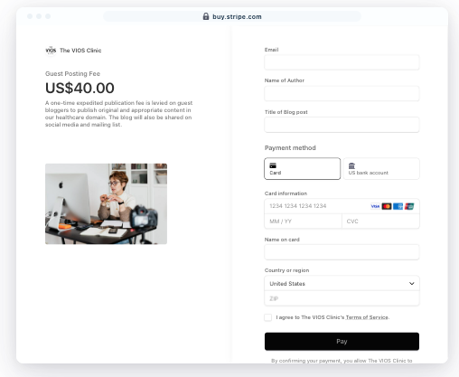 Guest posting fee of $40 by Stripe for authentic guest bloggers on The VIOS Clinic